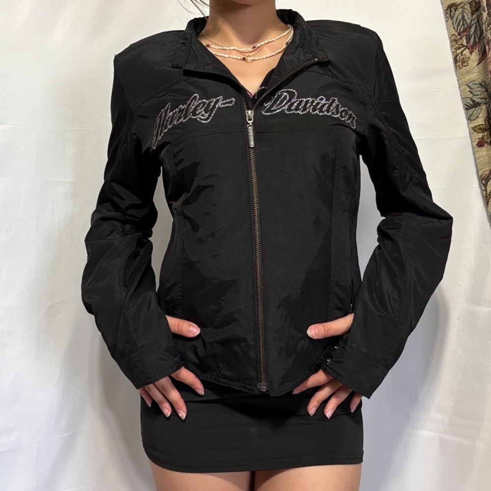 HARLEY DAVIDSON beautiful black zip up jacket with silver embroidered detailing